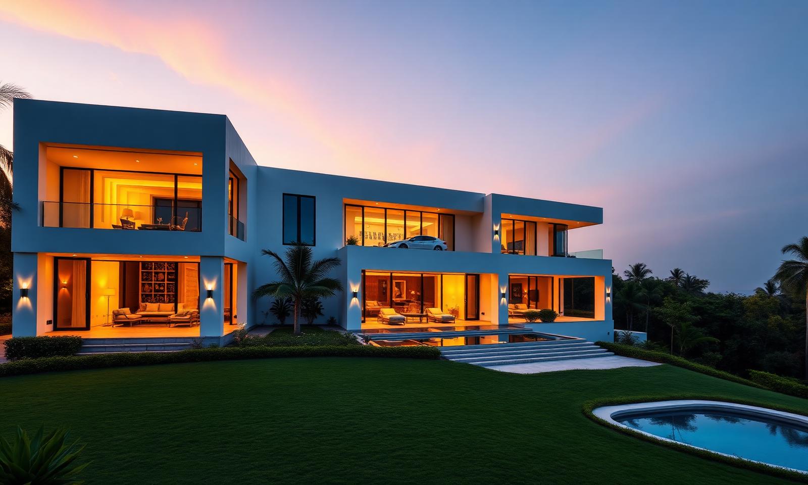 Casa de alto padrão ao entardecer